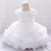 欧美女童婴儿礼服女童蓬蓬，蛋糕裙网纱一字肩，宝宝满月服连衣裙