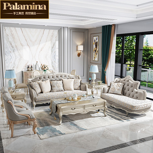 法式轻奢沙发组合美式真皮，全实木欧式头层牛皮，布艺沙发123雕花
