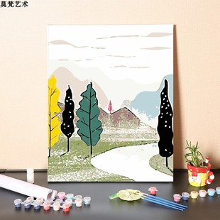 数字油画diy手工填充韩系简约插画卧室三联画手绘涂色油彩画画