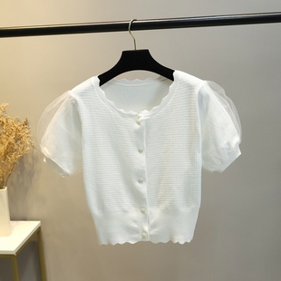 很仙的泡泡袖T恤修身圆领短袖夏季网纱袖冰丝开衫2024白色上衣女