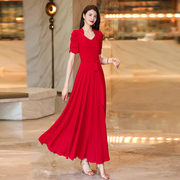 红色连衣裙2024女夏季法式高级感气质大摆超长裙到脚踝1911