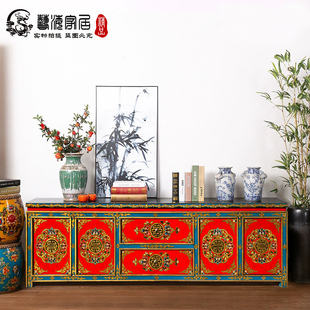 新中式彩绘电视柜实木西，藏式家具仿古做旧地柜客厅柜储物装饰柜