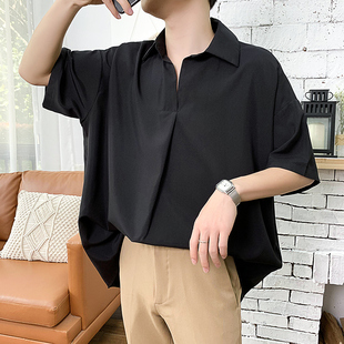 夏季韩版潮流bf风，宽松休闲短袖衬衫男士，简约雪纺免烫纯色气质衬衣