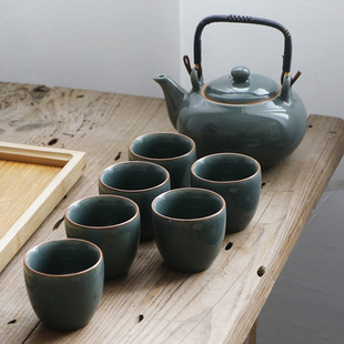 陶瓷功夫茶具套装整套家用中式复古汝窑哥窑茶壶茶杯带过滤提梁壶