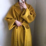  韩国chic设计款绑带翻领长款姜黄色罕见外套宽松毛呢大衣