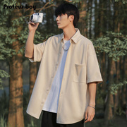 短袖衬衫男夏季日系工装麂皮绒纯色翻领男生七分袖寸衣外套装