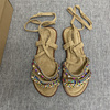 2024夏季波(夏季波)西米亚民族风铆钉拼色彩钻绑带，平底罗马凉鞋女鞋潮