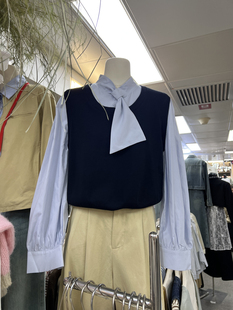 韩版春季十三行净色长袖个性，设计衬衣+针织，百搭背心毛衣两件套女