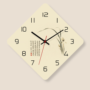 兰花新中式钟表挂钟客厅，家用超静音免打孔创意，挂墙时钟挂表石英钟