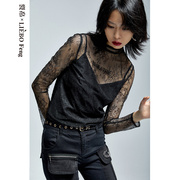 裂帛liebofeng设计师品牌，2024年春复古蕾丝高领长袖，黑色打底衫