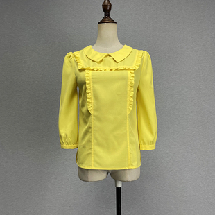 品牌折扣七分袖黄色套头衬衫，女2023夏甜美(夏甜美)百搭娃娃领花边雪纺衬衣