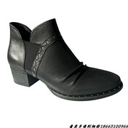 V型剪裁黑色真皮短靴褶皱圆头秋季欧美时装款粗跟单靴子踝靴