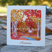 日本秋天创意立体贺卡红色，枫叶奈良小鹿万用，生日感谢祝福卡片信封