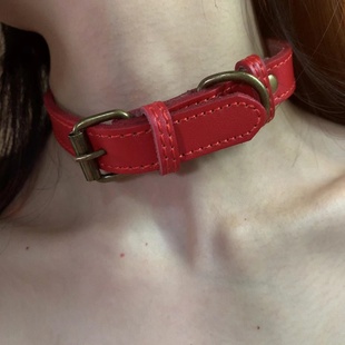 自制红色牛皮做旧皮带扣choker项圈，女小众高级感亚文化颈链锁骨链