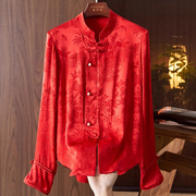 2024春装新中式轻国风复古红色，提花立领长袖，衬衫女士洋气上衣