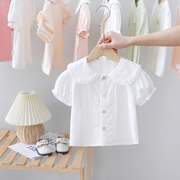女童蕾丝翻领短袖衬衫，夏季婴儿白色上衣，宽松儿童衬衣女宝宝打底衫