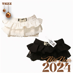 甜酷自制2024早春黑色气质高级感蝴蝶结蕾丝，设计感半身短裤裙