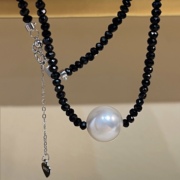 fabuloustime纯欲黑天鹅，不掉色纯银12mm单颗正圆，珍珠黑水晶项链