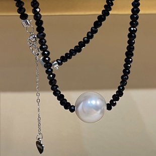 fabuloustime纯欲黑天鹅不掉色纯银，12mm单颗正圆珍珠黑水晶项链