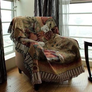 复古美式毛毯棉麻沙发垫老虎椅背靠巾单双人沙发毯高级感盖布毯