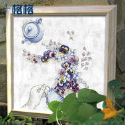 法国DMC十字绣套件 挂画客厅餐厅 印花 茶杯芬芳之蓝紫三色堇