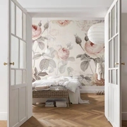 欧式手绘玫瑰花壁纸无缝墙布淡粉色，温馨大花卧室床头，背.景墙纸壁