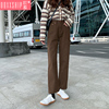 咖啡色牛仔裤女秋冬季设计感小个子棕色直筒裤子复古日系加绒加厚