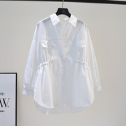韩国白色衬衫女收腰显瘦宽松中长款衬衣2024春季长袖时尚洋气外套