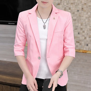 单件夏季小西装男士韩版七分袖上衣修身帅气西服纯色中袖外套薄款