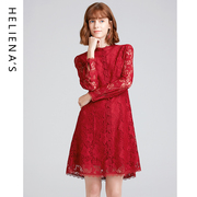 海兰丝春季中式旗袍改良版蕾丝连衣裙复古长袖红色小礼服女