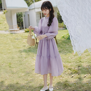 茶歇法式紫色连衣裙秋装女2023年高级感显瘦仙女超仙森系长裙