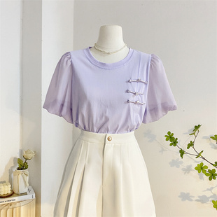 紫色新中式盘扣短袖t恤女夏季设计感雪纺，拼接圆领泡泡袖纯棉上衣