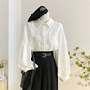 白色polo领灯笼袖衬衫女秋冬设计感宽松蕾丝，拼接长袖上衣打底衬衣