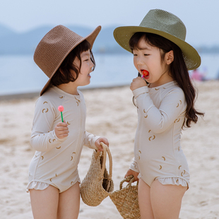 女童夏季连体长袖泳衣速干宝宝海边防晒衣女孩游泳碎花边可爱泳装