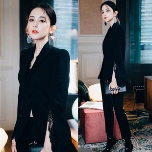 韩国购明星娜扎同款时尚，ol职业套装蕾丝，拼接开叉小西服两件套西装