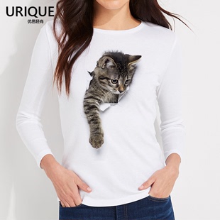 3d立体逼真萌猫咪，莫代尔长袖t恤女圆领，可爱动物图案印花情侣装