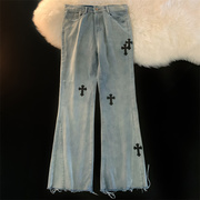 欧美风高街牛仔裤男士设计感十字架裤子直筒，宽松水洗毛边微喇叭裤