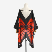 红色油画蝴蝶雪纺罩衫 海边度假风宽松印花蝙蝠衫防晒和服外套