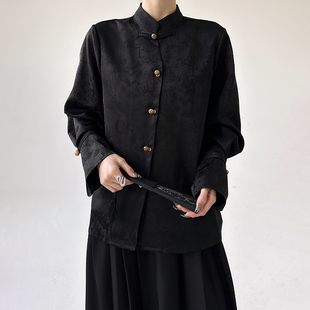 新中式汉元素立领刺绣衬衫女2024春季国风黑色长袖衬衣马面裙上衣