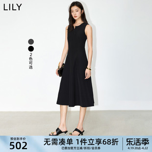 lily2024夏女装(夏女装，)气质通勤款复古优雅百搭修身无袖连衣裙小黑裙