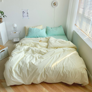 韩国ins奶油撞色混搭纯色，全棉水洗棉床上四件套裸睡床单床上用品