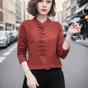 新中式时尚洋气盘扣设计立领长袖，衬衫女秋冬复古显瘦修身打底上衣