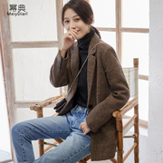 羊毛呢小西装外套女短款2023韩版秋冬格子，收腰小个子西服上衣