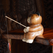 泰国手工实木雕刻发财猫招财猫摆件创意动物办公收银台钓鱼猫摆设