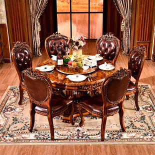 欧式餐桌椅组合圆形大理石实木圆桌转盘家具饭桌小户型别墅餐桌