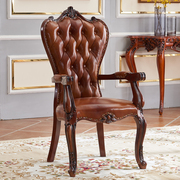 欧式餐椅美式复古做旧家用椅子真皮，实木雕花靠背椅扶手椅酒店餐椅