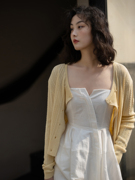 真丝亚麻棉纱线 比柠檬黄更柔和一度镂空花型针织小开衫女春款薄