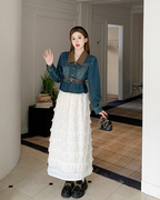 uu安娜大码女装韩系设计感复古减龄牛仔，外套蕾丝半身裙气质套装女