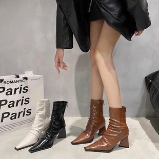 2023秋冬季女鞋时尚褶皱，尖头漆皮粗跟中跟短靴高跟短筒靴子