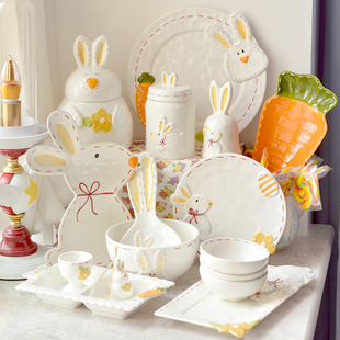 浮雕可爱兔子欧式手绘陶瓷餐具套装创意家用网红盘子菜盘米饭碗
